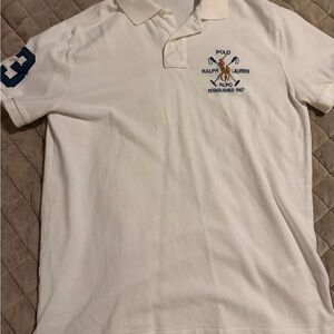 Ralph Lauren White Polo with Embroidered Polo Player and Navy Sleeve Number